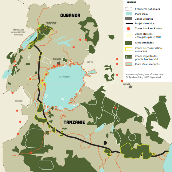Carte des espaces naturels traversés par l'oléoduc EACOP